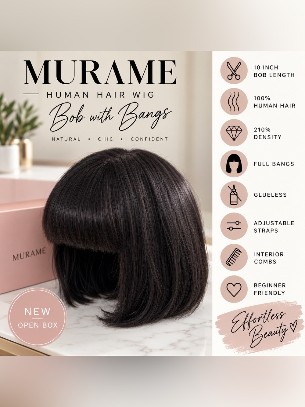 MURAME Human Hair Bob Wig 10” Black Bangs Glueless 210% Density